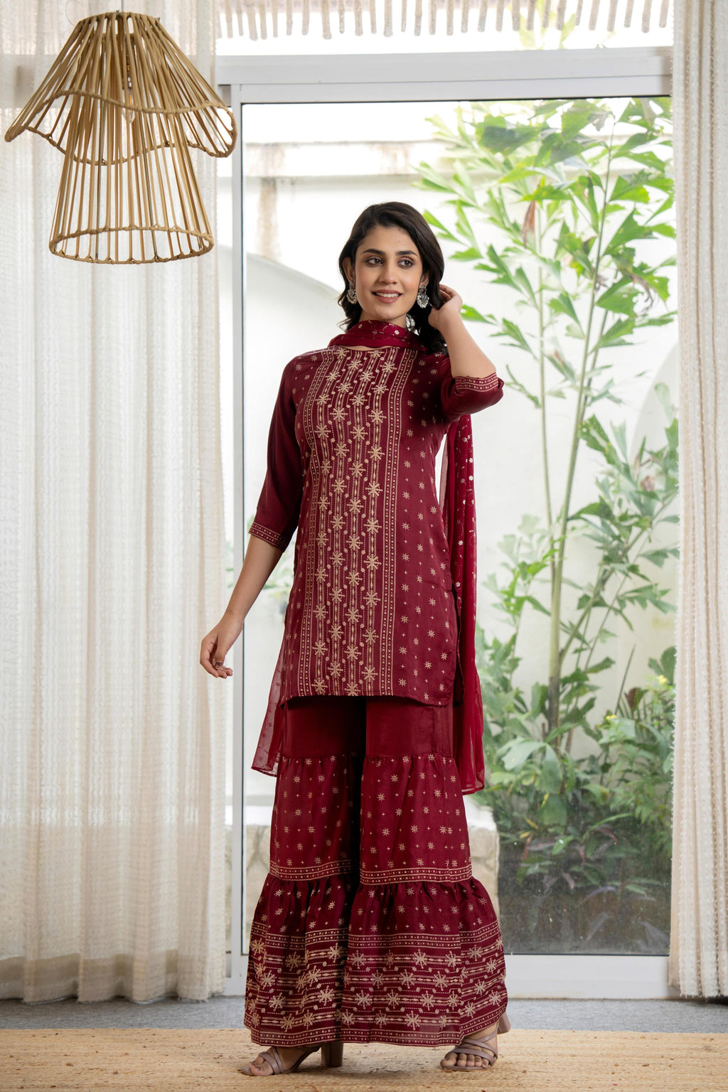 Juniper Women's Maroon Viscose Rayon Solid Sharara Set