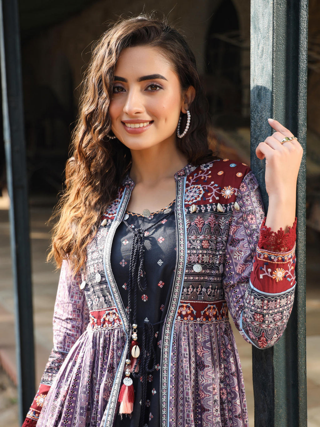 Juniper Women's Juniper Women's Lavender Cambric Printed With Embroidery Flared Dress