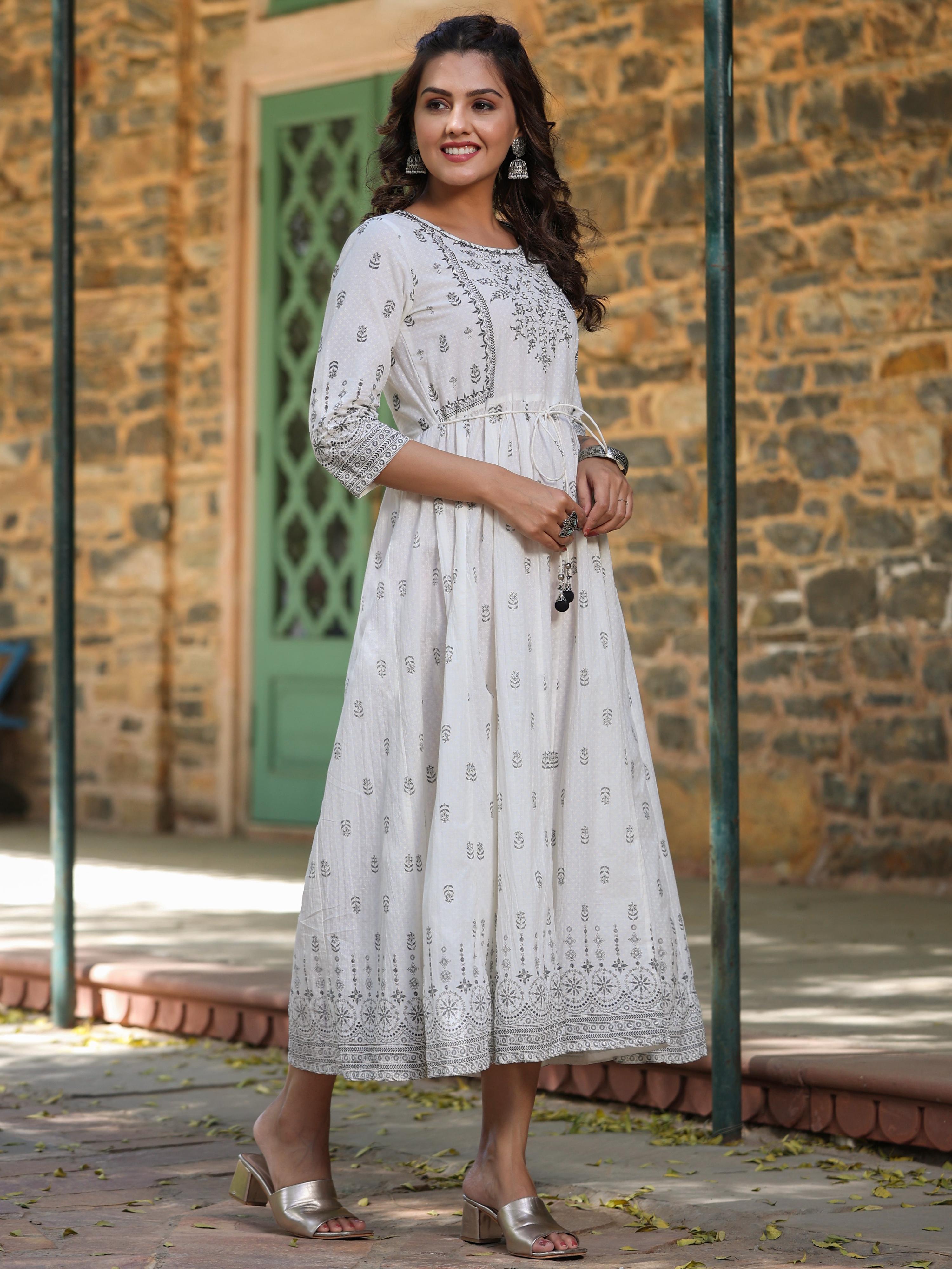 Juniper White Pure Cotton Printed Kurta, Sharara & Dupatta Set With Beads & Sequins