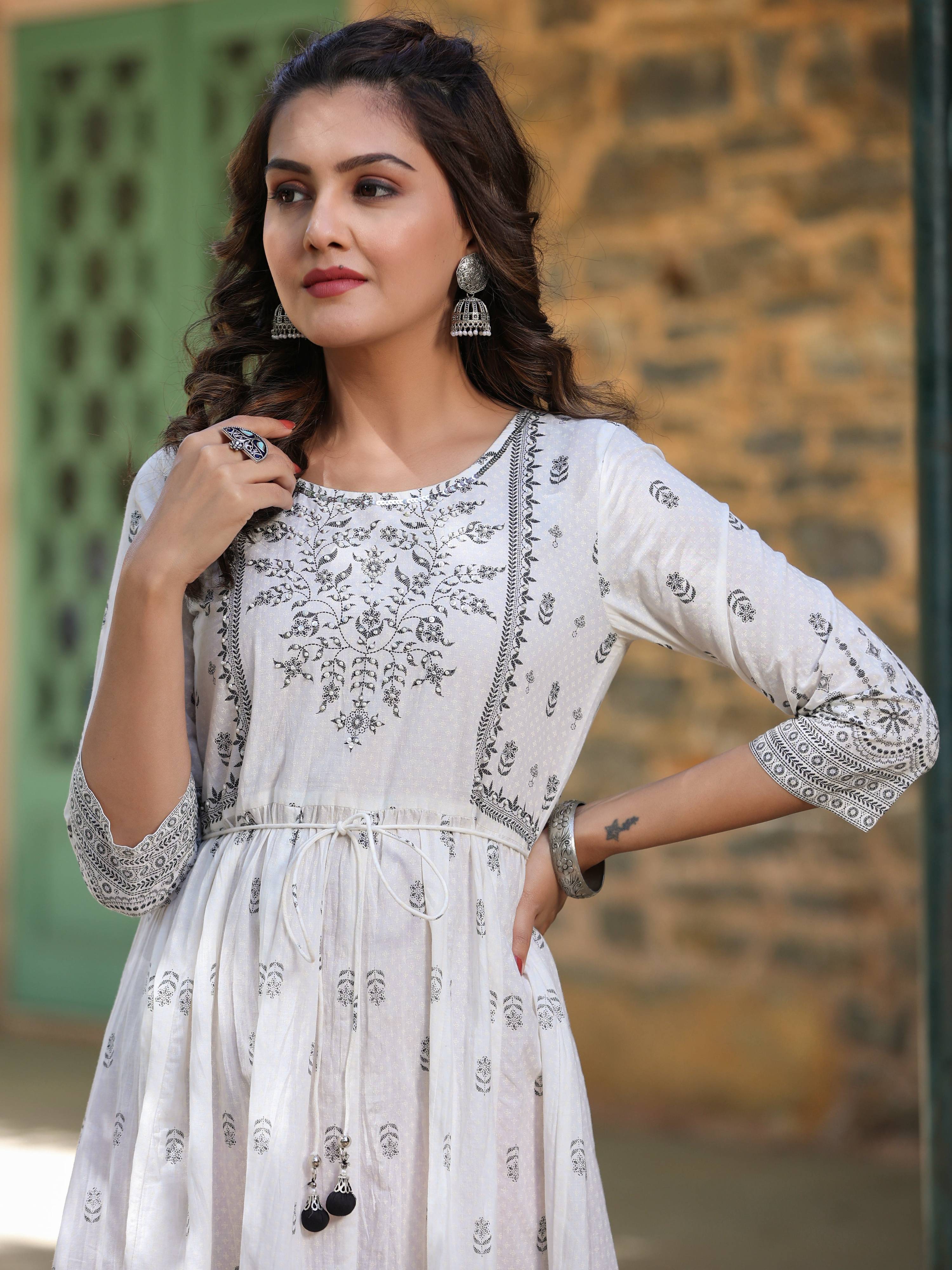 Juniper White Pure Cotton Printed Kurta, Sharara & Dupatta Set With Beads & Sequins