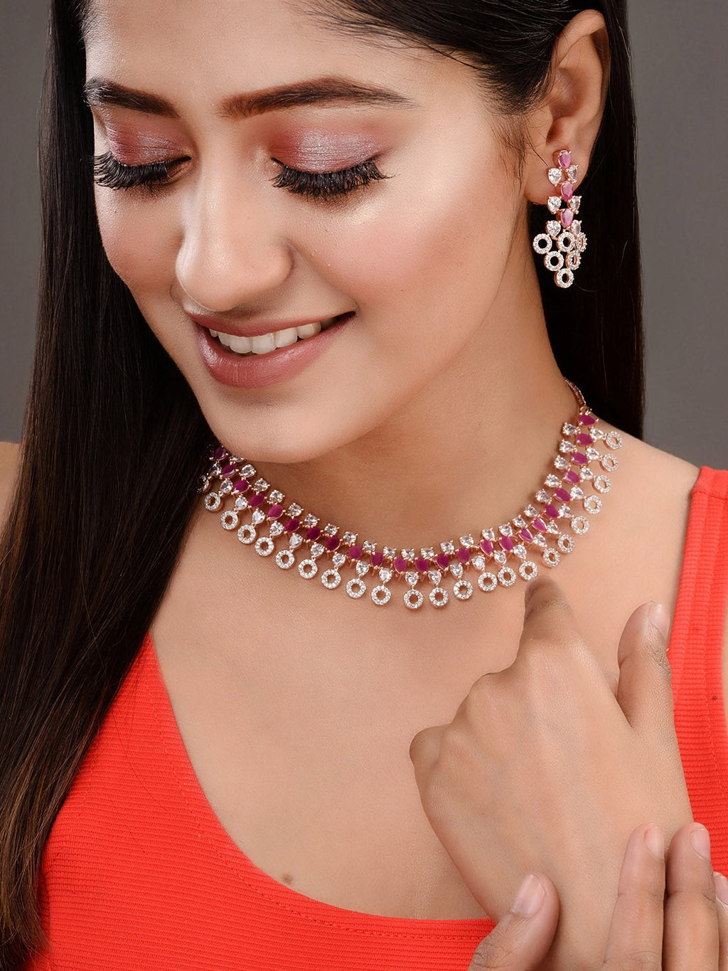 Saraf RS Jewellery Rose Gold-Polished Red AD-Studded Jewellery Set