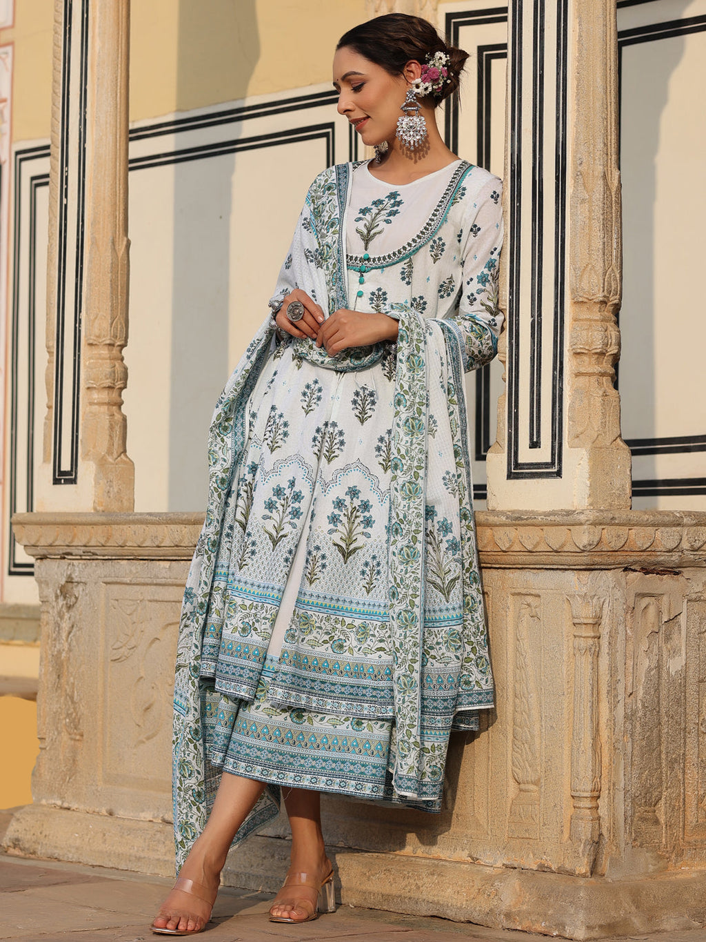 Juniper Sky Blue Ethnic Motif Printed Pure Cotton Layered Dress & Kota Dupatta Set With Thread Work
