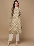 HERE&NOW Beige & Green Ethnic Motifs Printed Sequinned Thread Work Cotton Kurta
