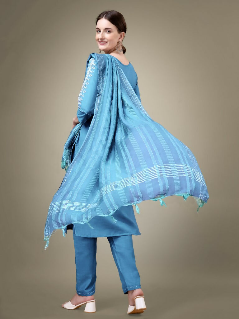Jyoti Fashion Women's Sky Blue Cotton Blend Embroidery & Sequence work Kurta with Trouser & Dupatta