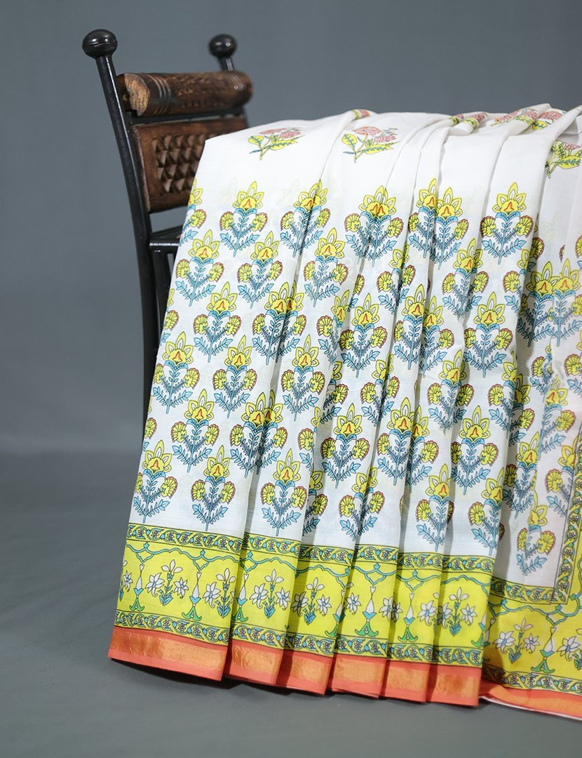 Creame Coloured Combination Printed Cotton Saree By Gayathri Reddy Designer Studio