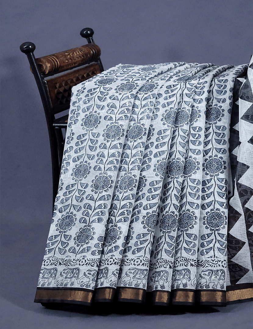 White And Grey Colour Block Print Pure Kota Cotton Saree By Gayathri Reddy Designer Studio