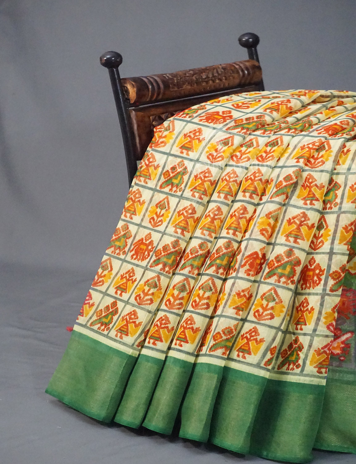 Shades of Light Apple Green And Parrot Green Colour Blouse Ikat Design Semi Chanderi Saree By Gayathri Reddy Designer Studio
