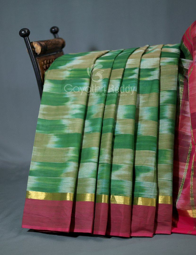 Dual Shades of Mango Green And Mustard Mangalagiri Ikkat Cotton Saree By Gayathri Reddy Designer Studio