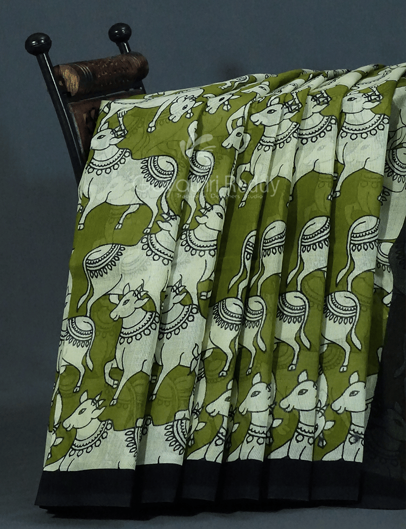 Shades of Mehndi Green And Black With Pichwai Print Munga Cotton Saree By Gayathri Reddy Designer Studio
