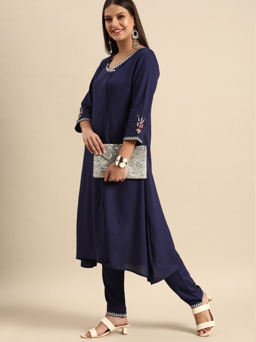 All About You Women Navy Blue Embroidered Kurta with Trousers