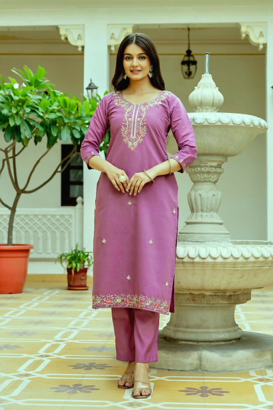 The52 Purple Women's Beautiful Embroidered Viscose Chanderi Silk Fabric with Straight Kurta, Pant and Dupatta Set