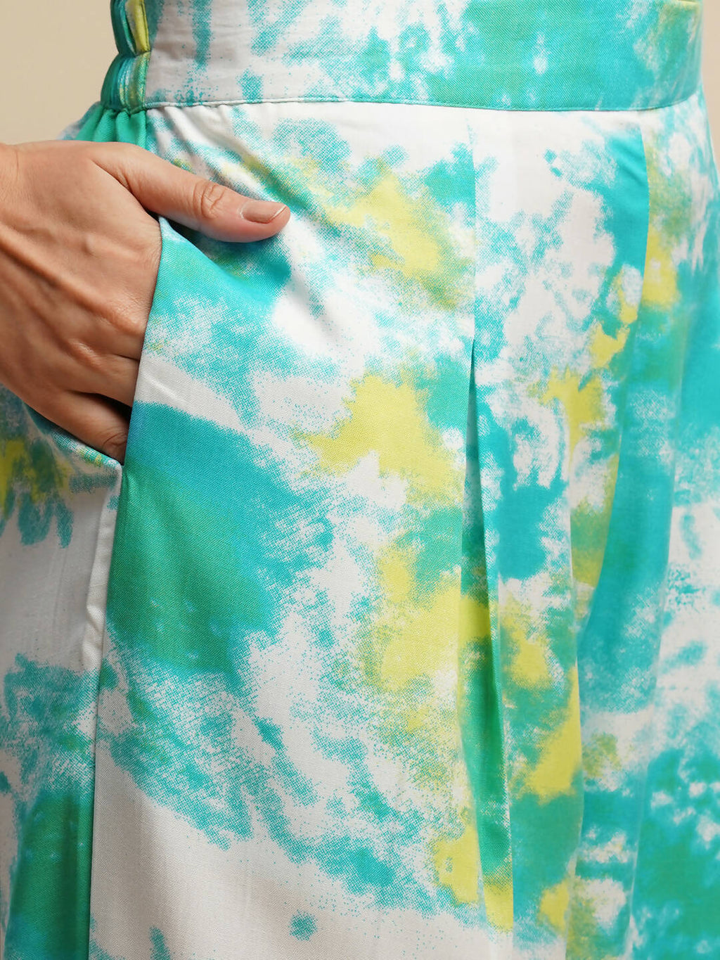 Sky Blue Poly Rayon Tie and dye Printed Top with Matching Trouser - Shivani