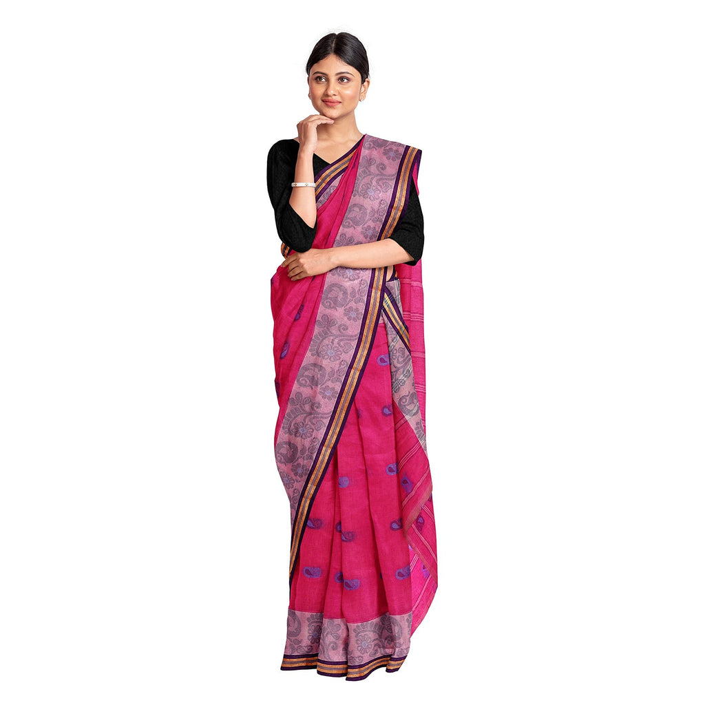 Exclusive Collection 100% Pure Cotton Pink Tant Saree With Hand Weaving Work