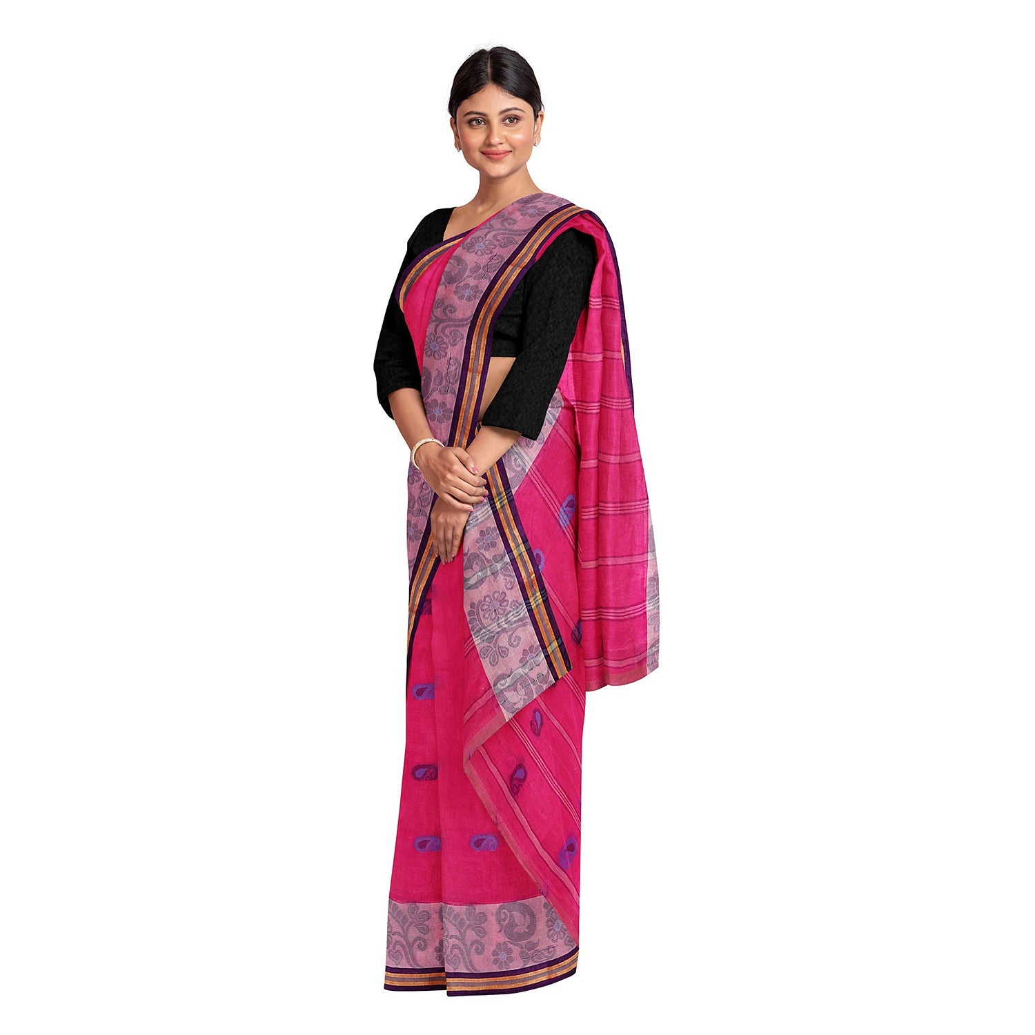 Exclusive Collection 100% Pure Cotton Pink Tant Saree With Hand Weaving Work
