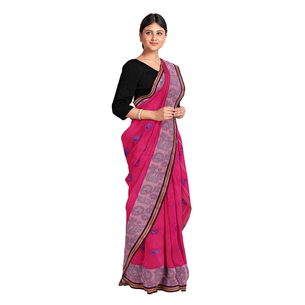 Exclusive Collection 100% Pure Cotton Pink Tant Saree With Hand Weaving Work