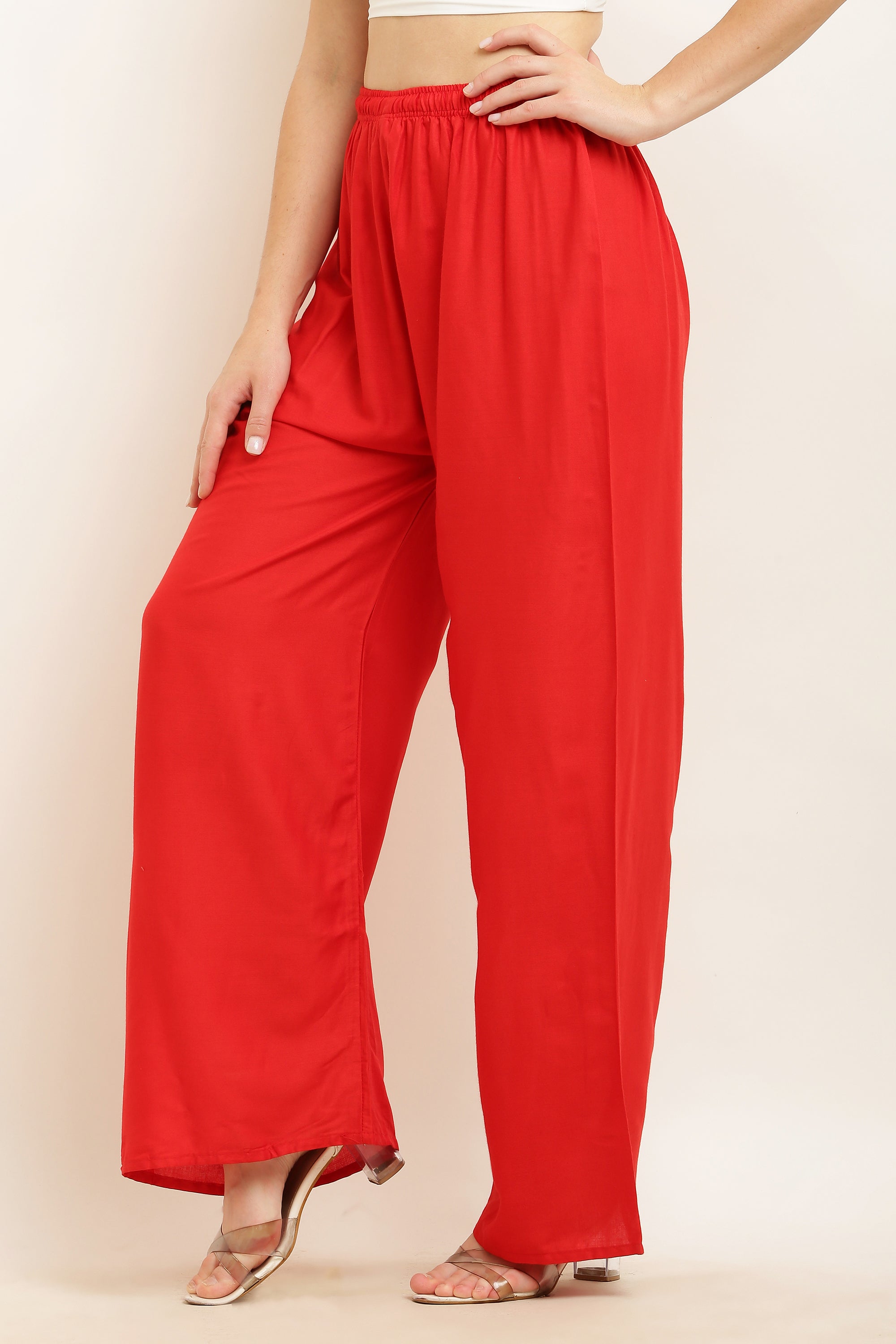 PAVONINE Red Color Straight Fit Rayon Fabric Palazzo