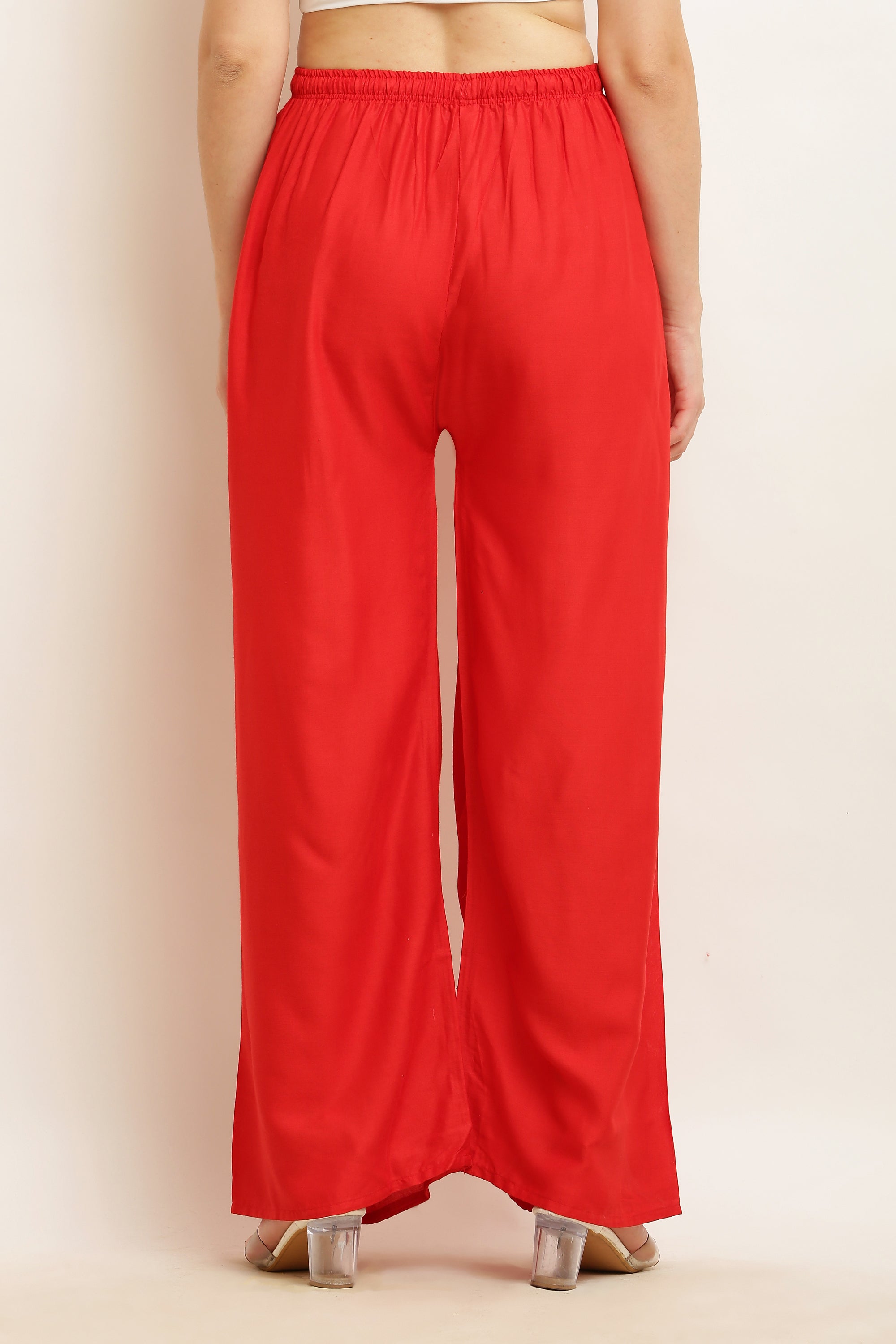 PAVONINE Red Color Straight Fit Rayon Fabric Palazzo