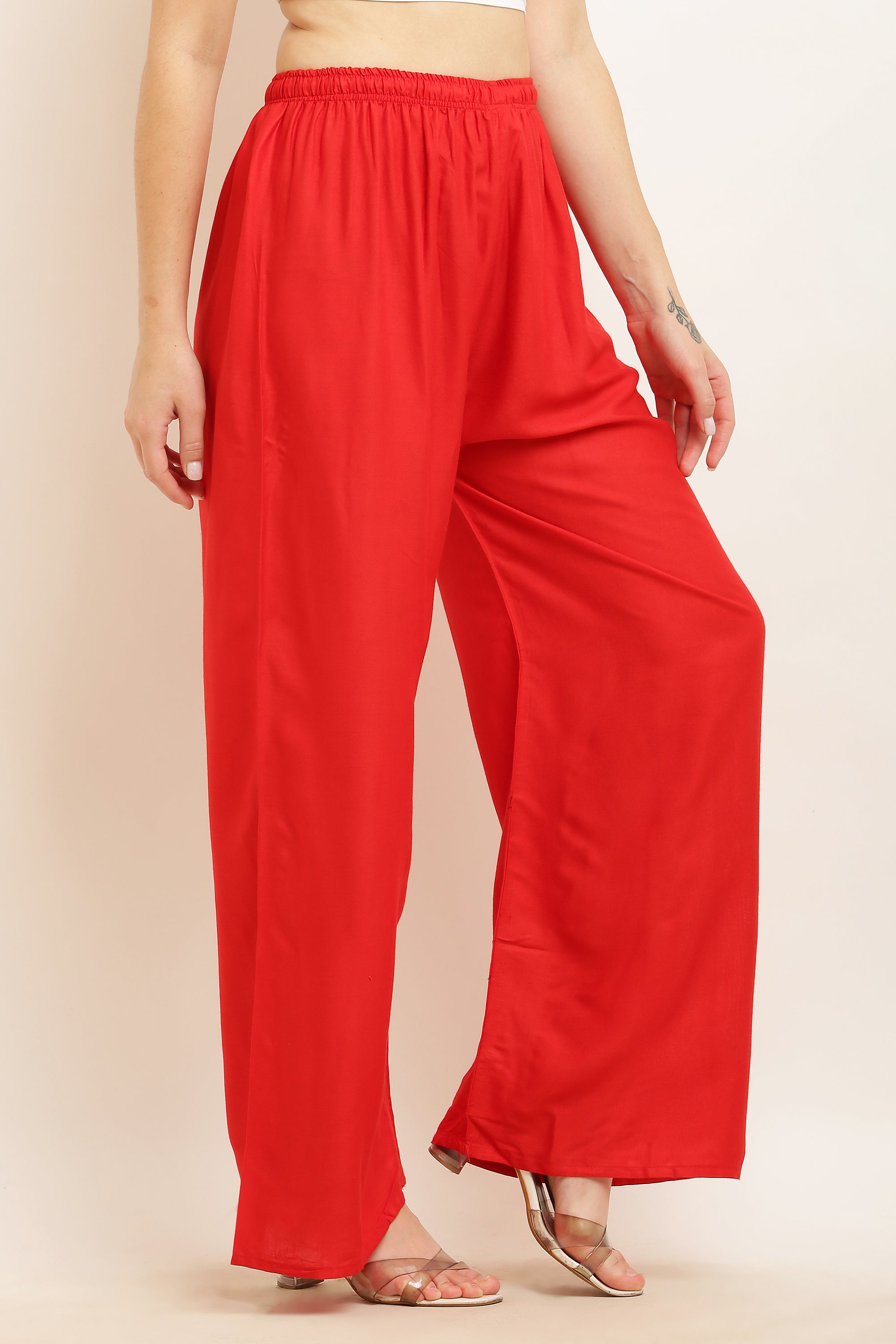 PAVONINE Red Color Straight Fit Rayon Fabric Palazzo