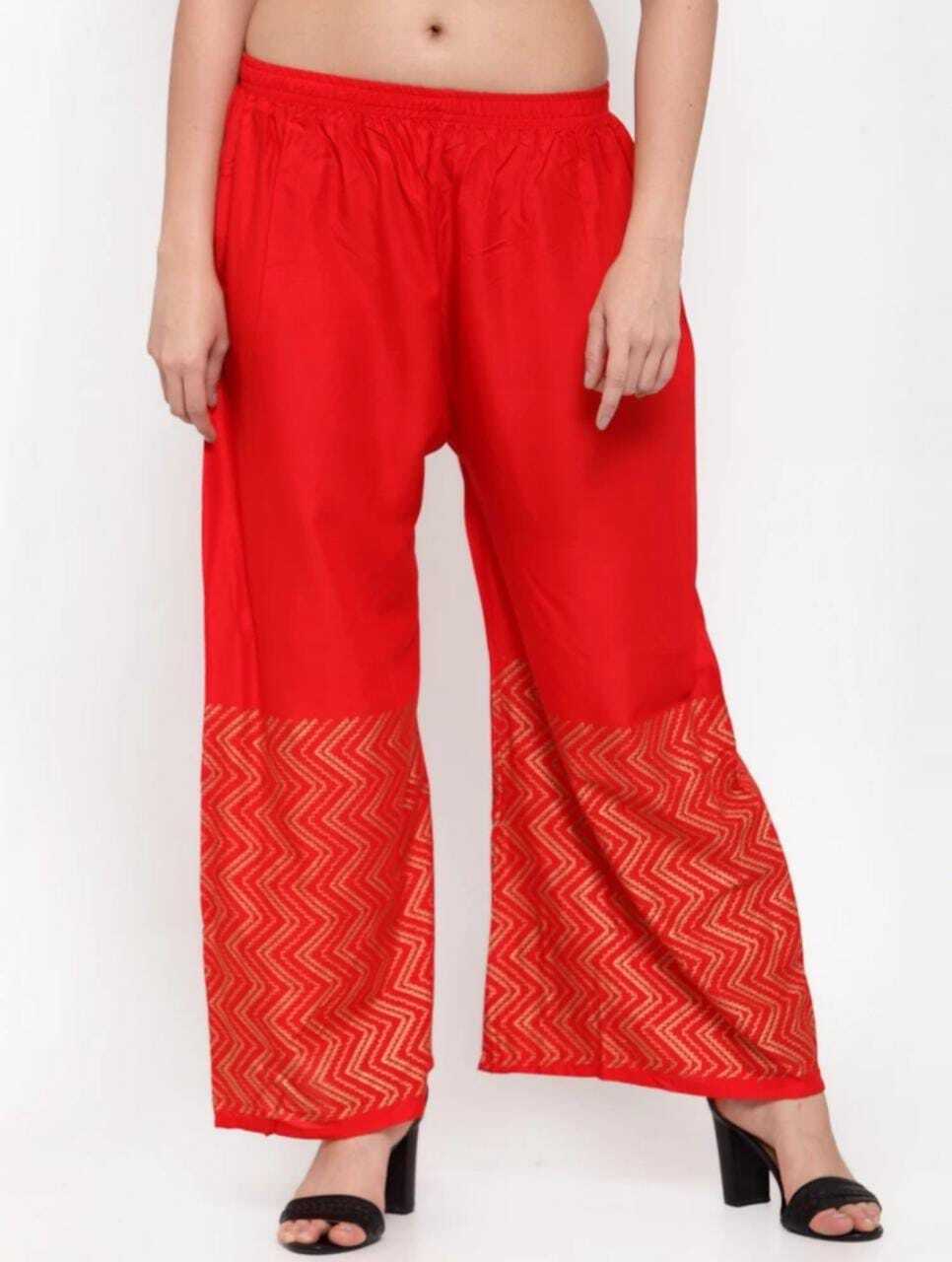 PAVONINE Red Color Rayon Fabric Zig-Zag Printed Palazzo For Women