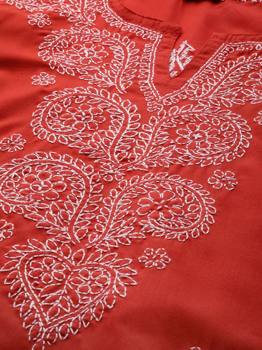 ADA Women Plus Size Red & White Ethnic Motifs Pure Cotton Chikankari Embroidered Kurta
