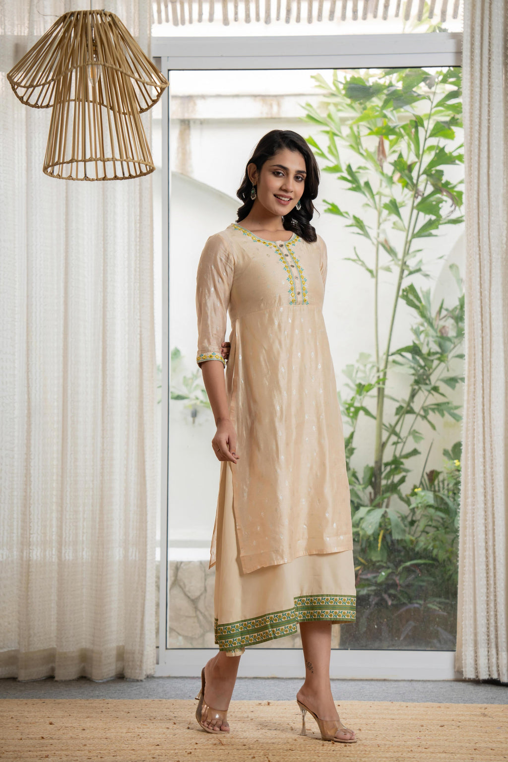 Juniper Women's Beige Soild Chanderi Dress & Inner With Thread & Mirror Work