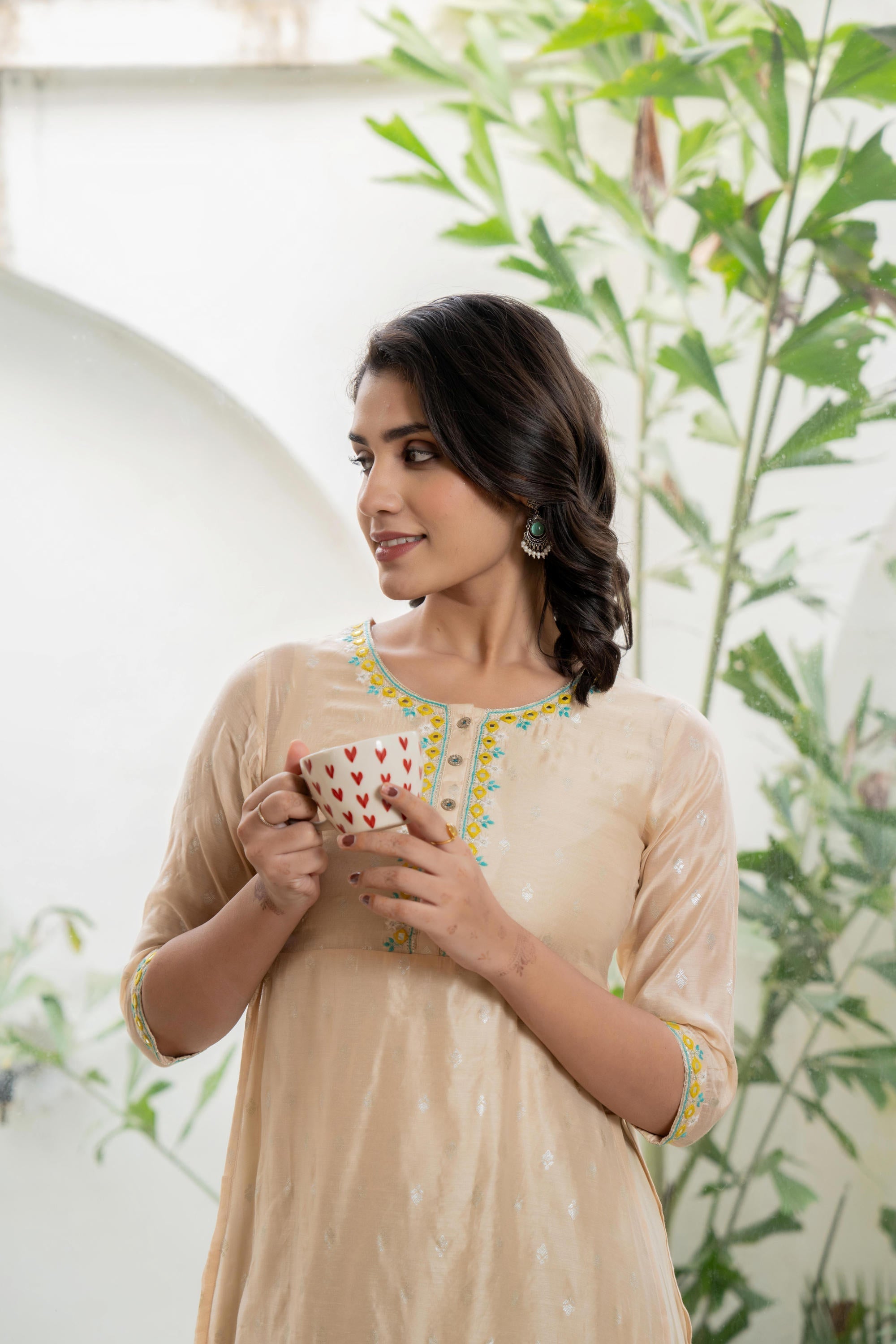 Juniper Women's Beige Soild Chanderi Dress & Inner With Thread & Mirror Work