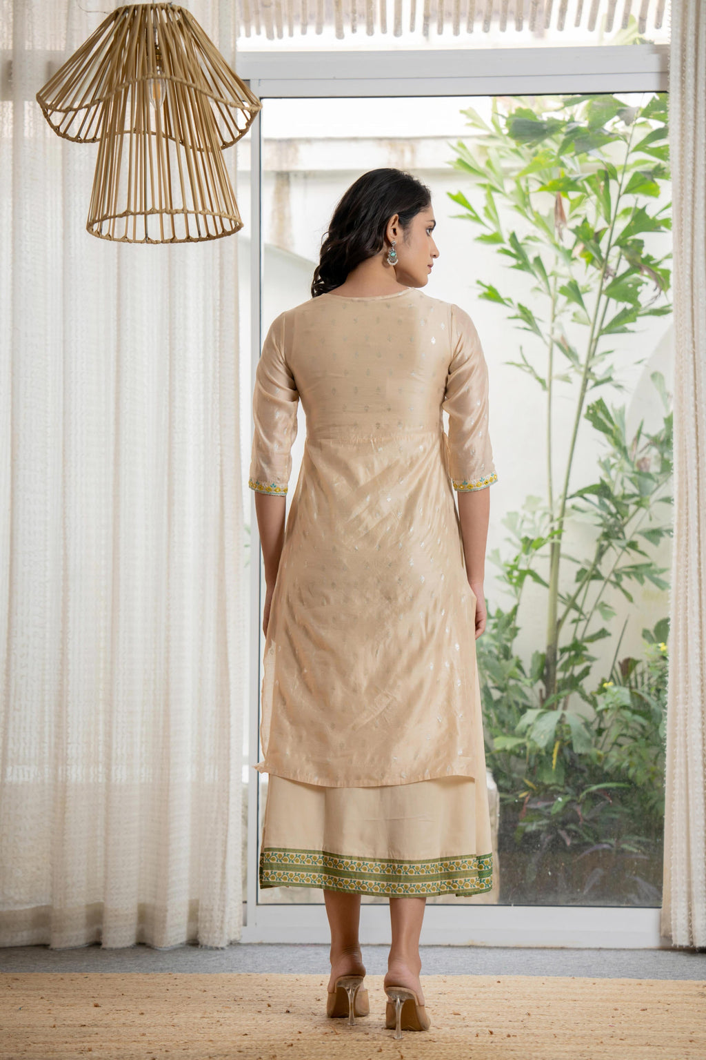 Juniper Women's Beige Soild Chanderi Dress & Inner With Thread & Mirror Work