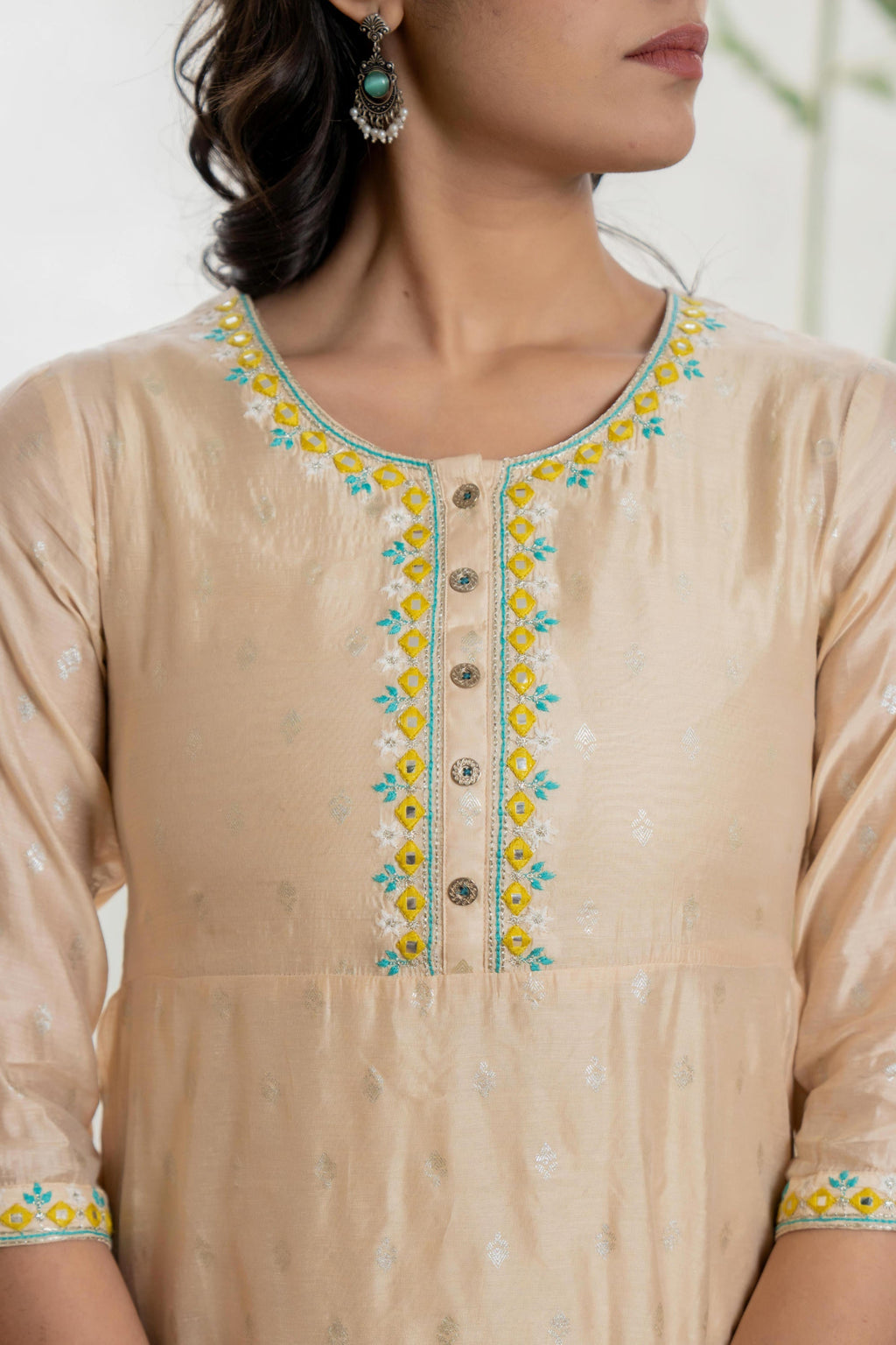 Juniper Women's Beige Soild Chanderi Dress & Inner With Thread & Mirror Work