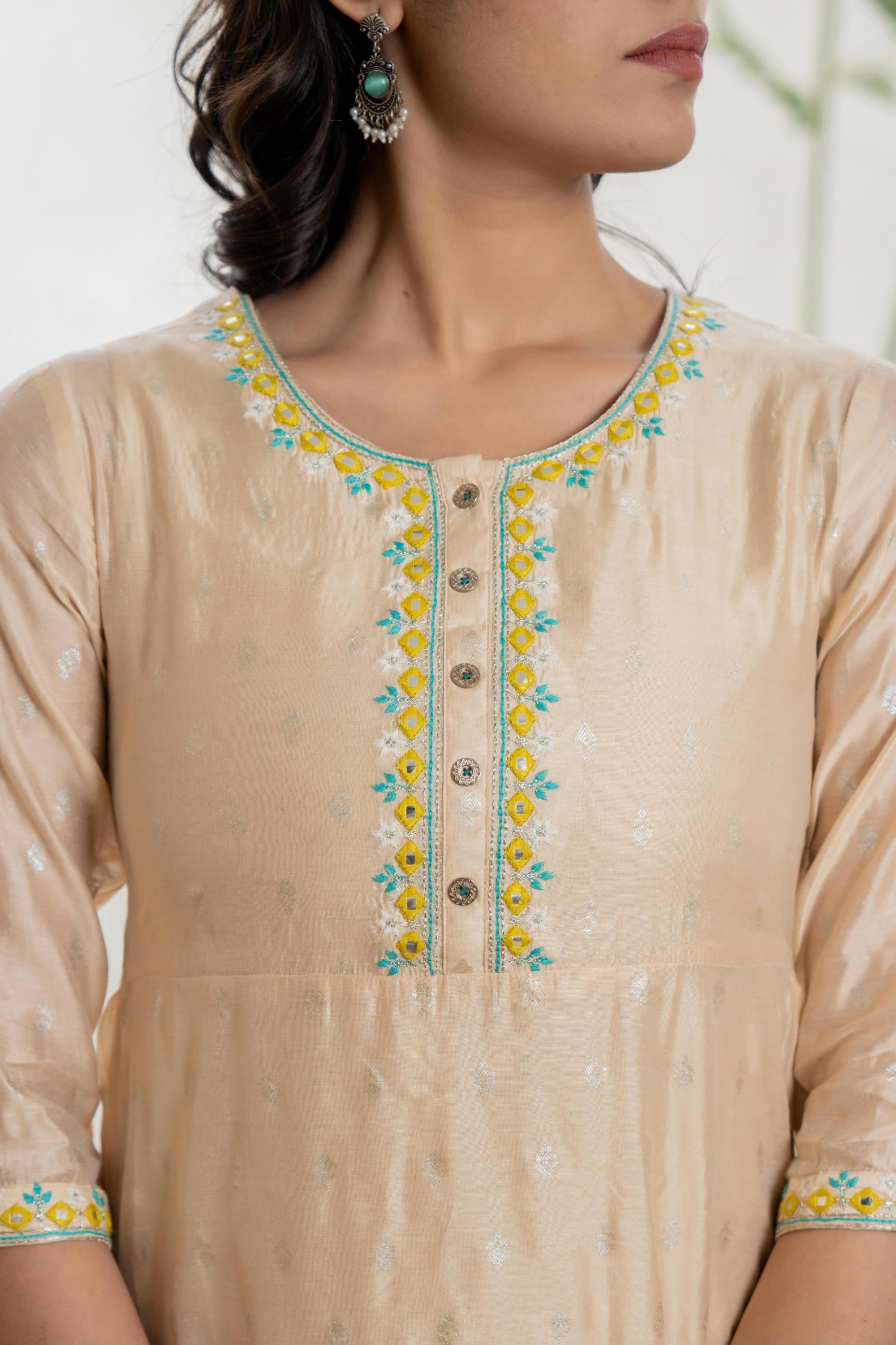 Juniper Women's Beige Soild Chanderi Dress & Inner With Thread & Mirror Work