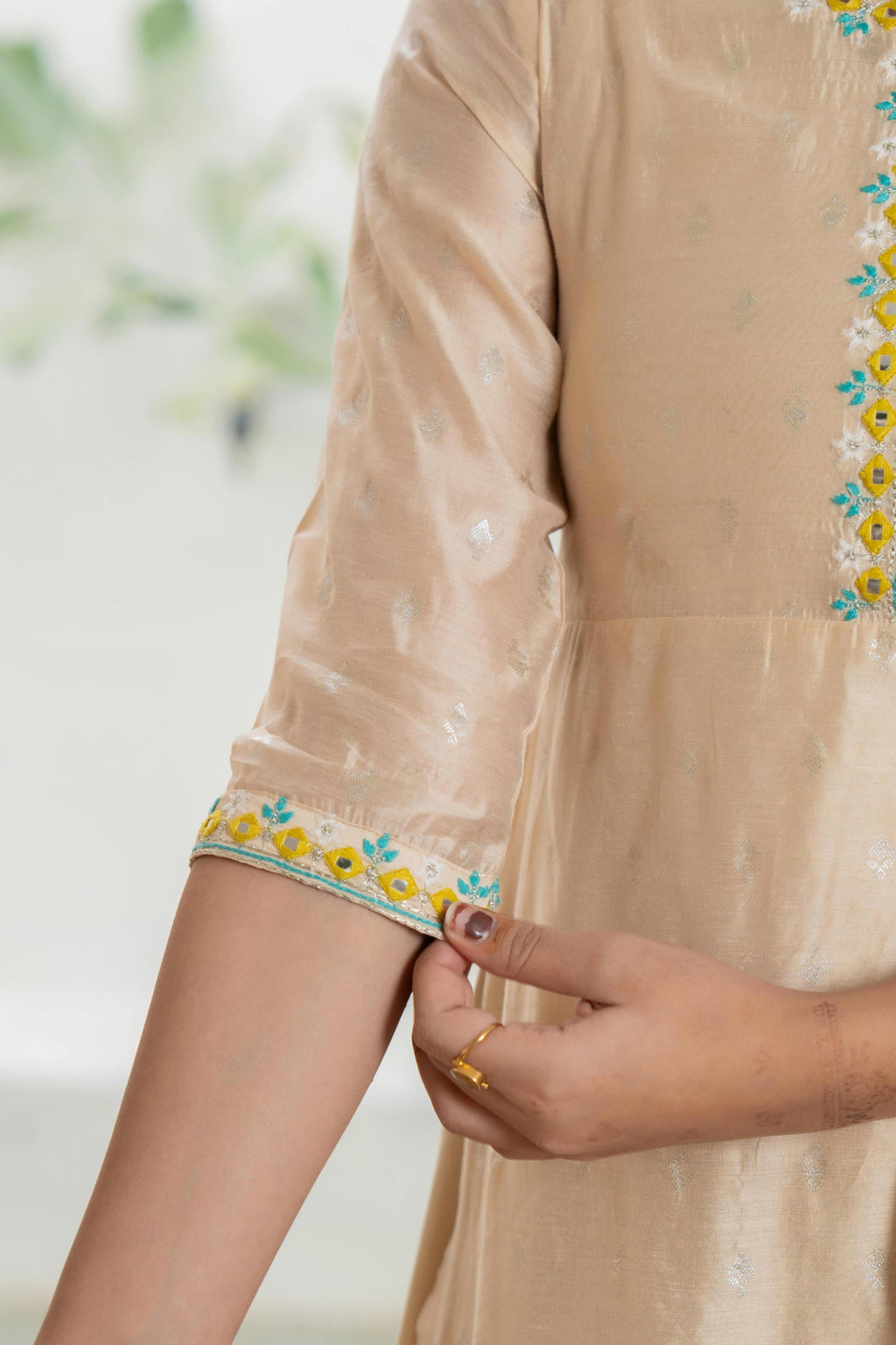Juniper Women's Beige Soild Chanderi Dress & Inner With Thread & Mirror Work