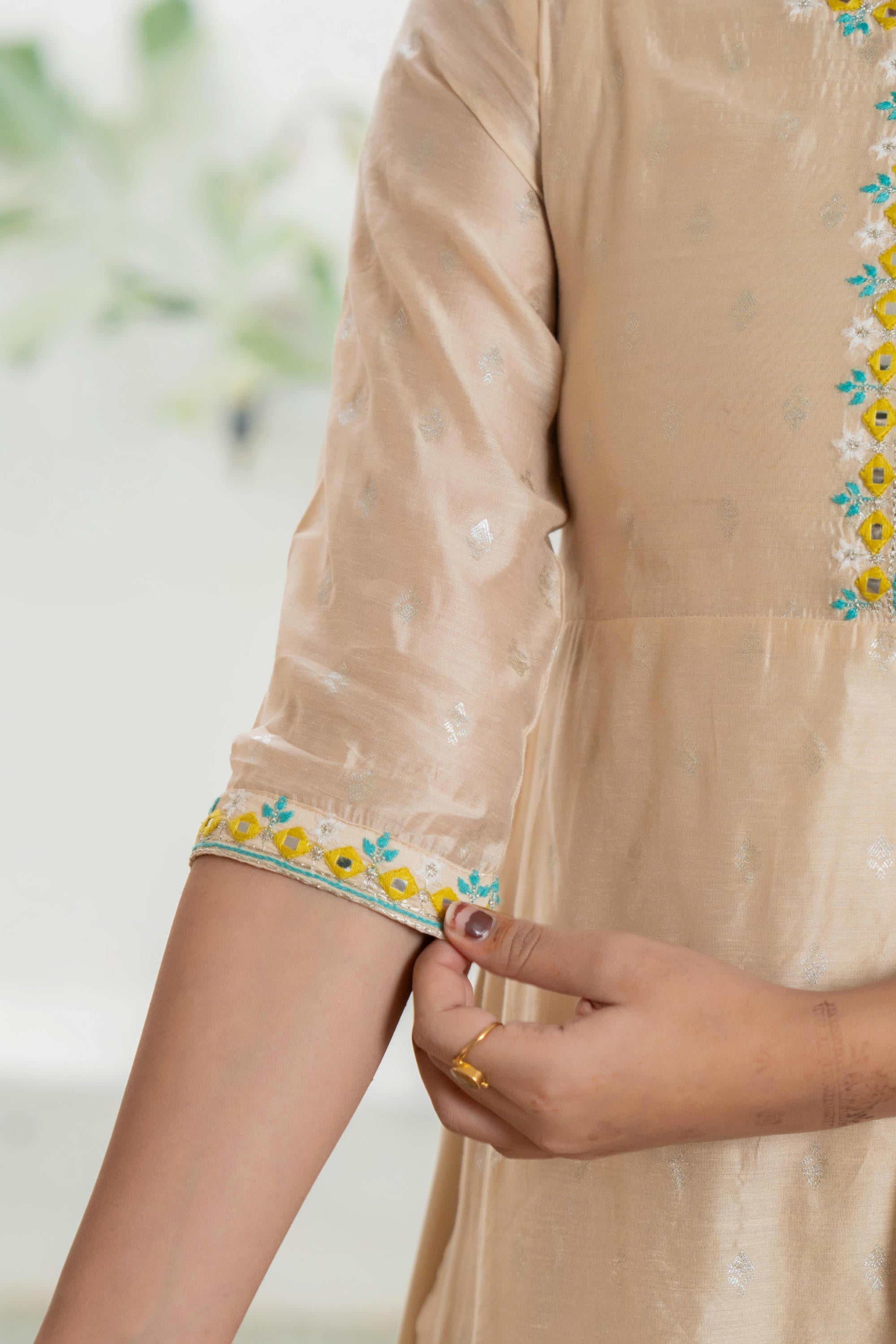 Juniper Women's Beige Soild Chanderi Dress & Inner With Thread & Mirror Work