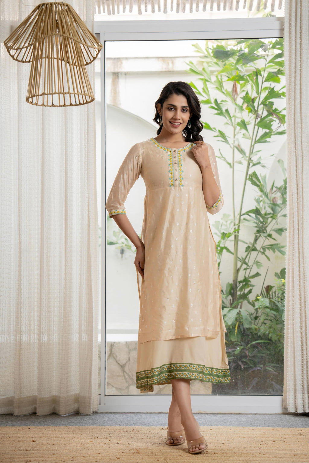 Juniper Women's Beige Soild Chanderi Dress & Inner With Thread & Mirror Work