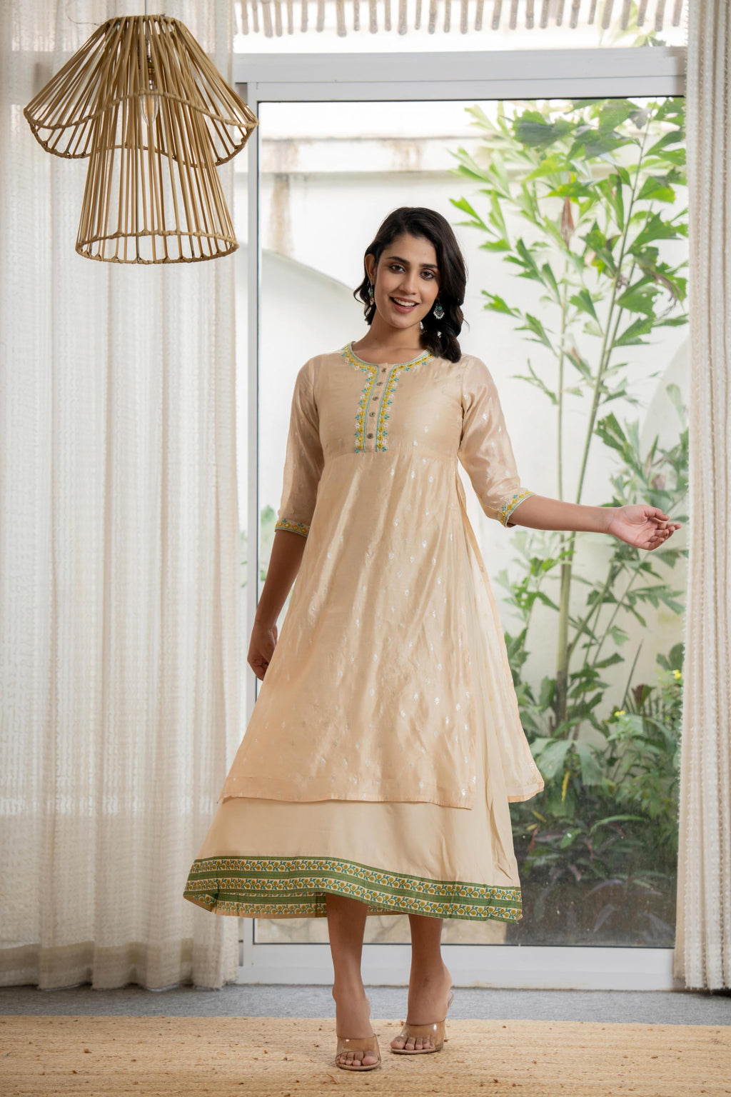 Juniper Women's Beige Soild Chanderi Dress & Inner With Thread & Mirror Work