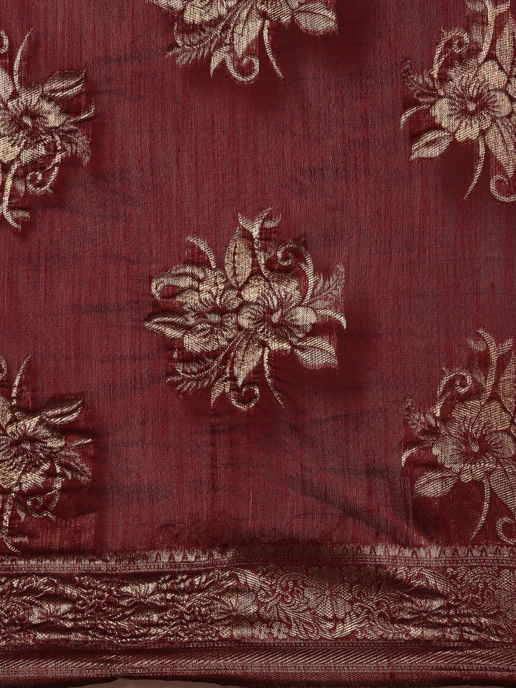 Saree Mall Maroon Floral Linen Blend Banarasi Saree