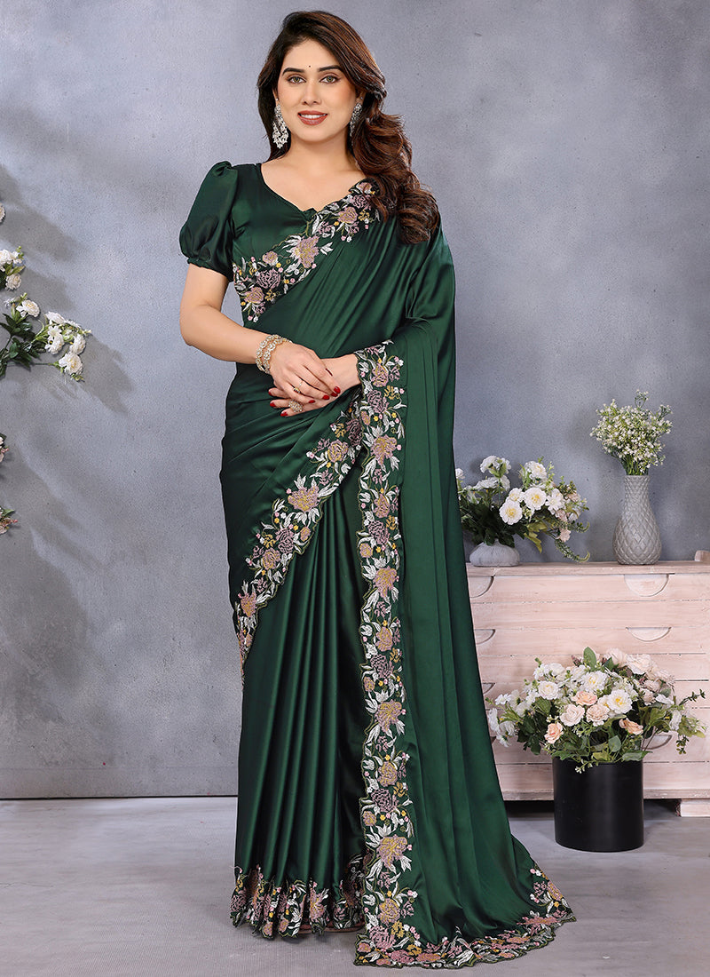 Vellora Embroidery Work Satin Dark Green Festival Wear Saree