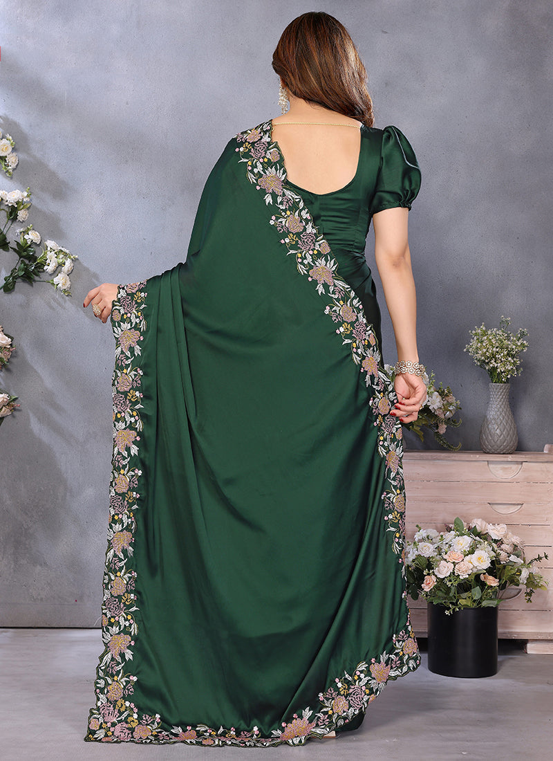 Vellora Embroidery Work Satin Dark Green Festival Wear Saree