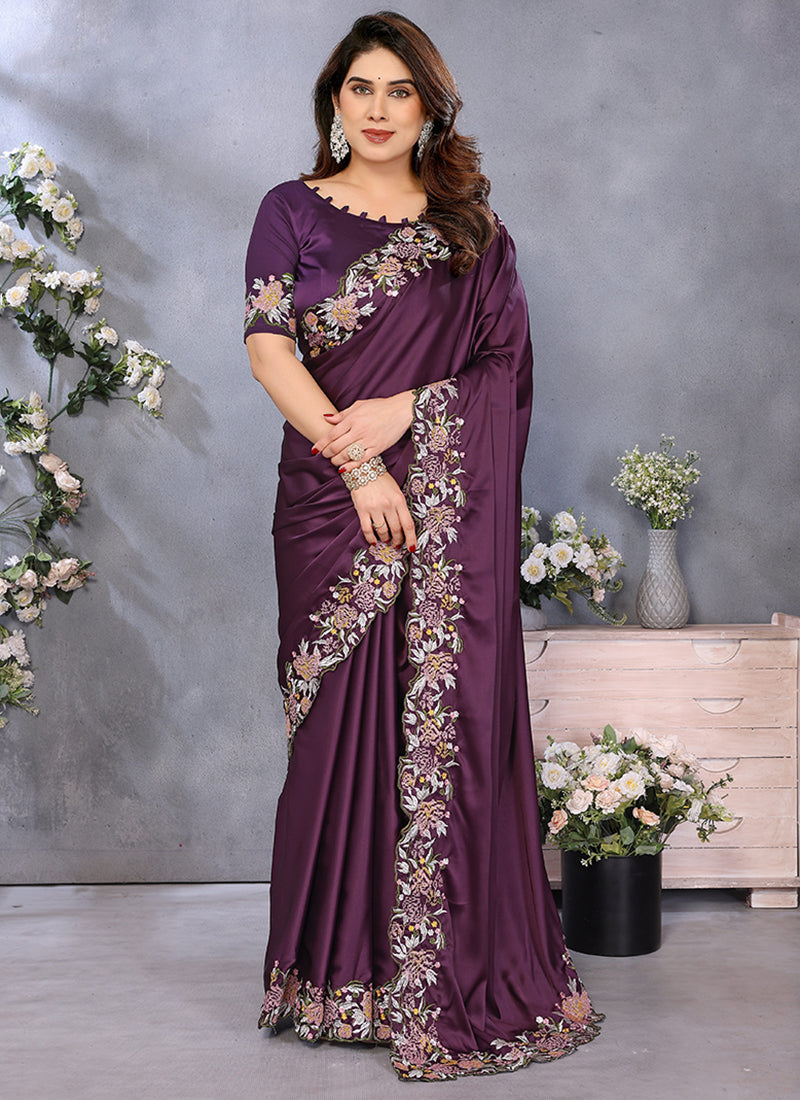Vellora Wine Satin Designer Embroidery Work Saree