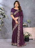 Vellora Wine Satin Designer Embroidery Work Saree