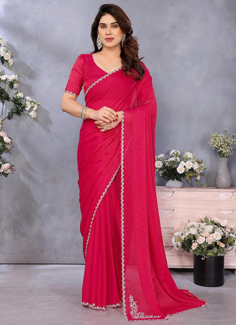 Vellora Lace Embroidery Work Fandy Chiffon Rani Pink Saree