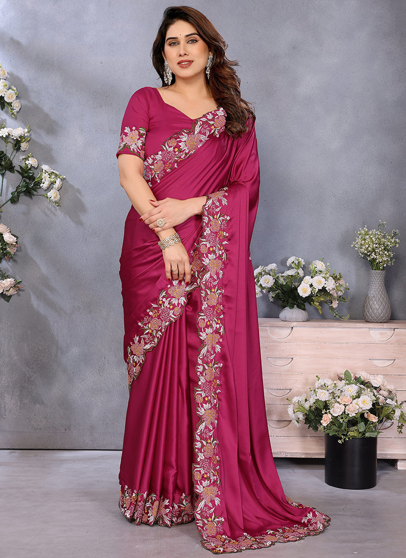 Vellora Magenta Pink Satin Festival Wear Embroidery Work Saree