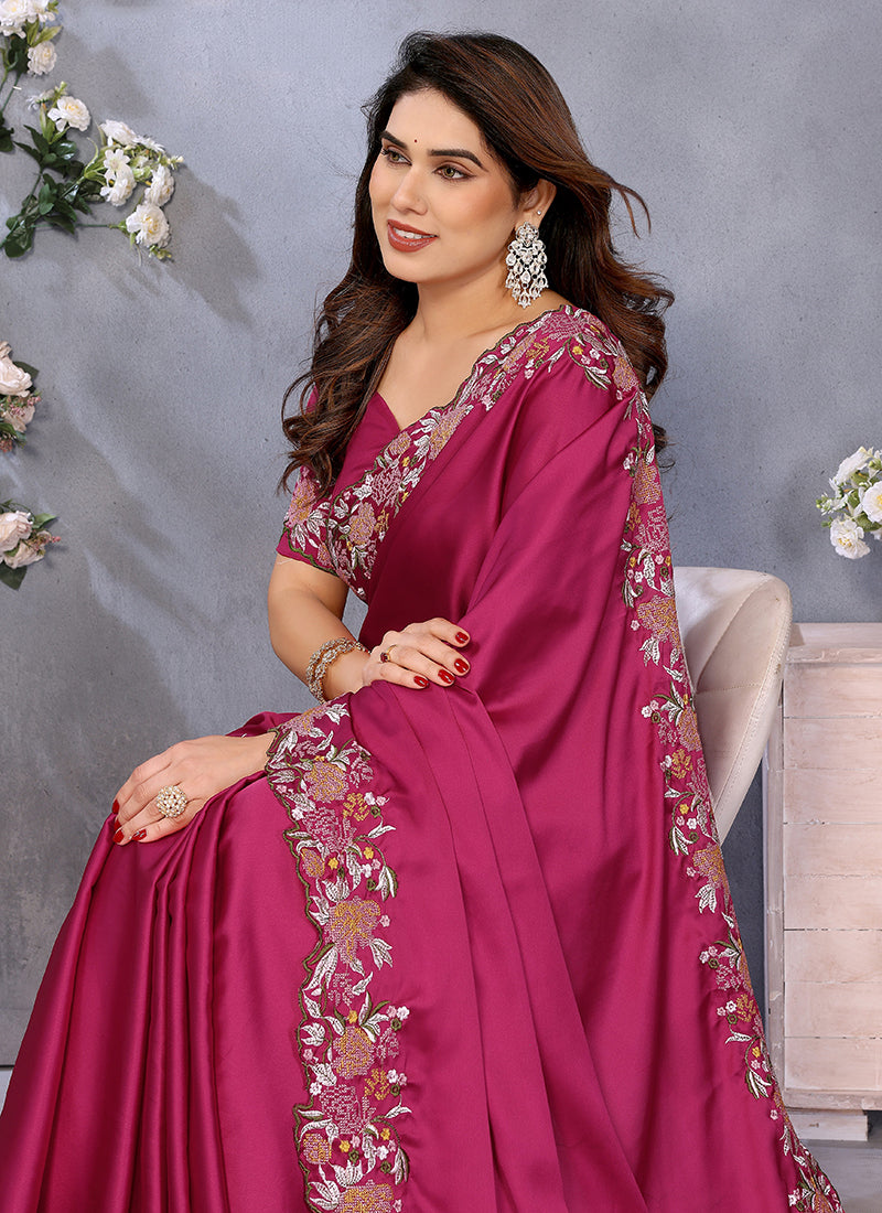 Vellora Magenta Pink Satin Festival Wear Embroidery Work Saree