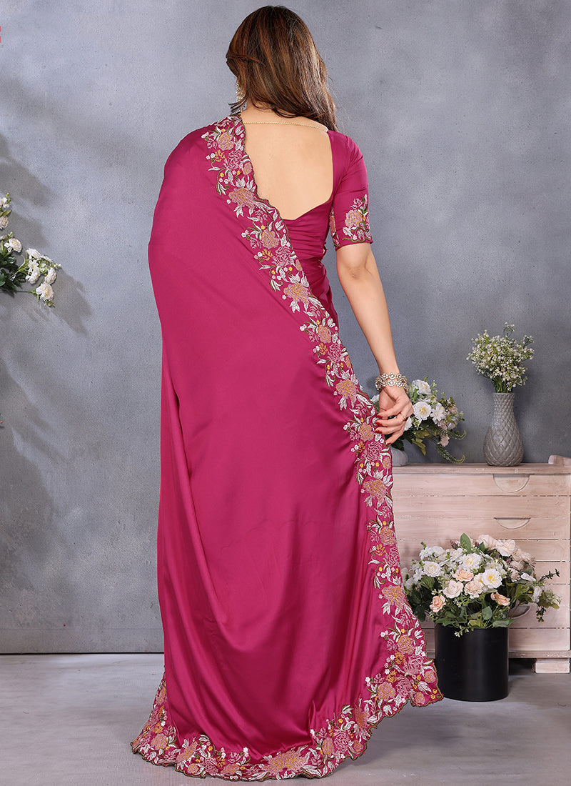 Vellora Magenta Pink Satin Festival Wear Embroidery Work Saree