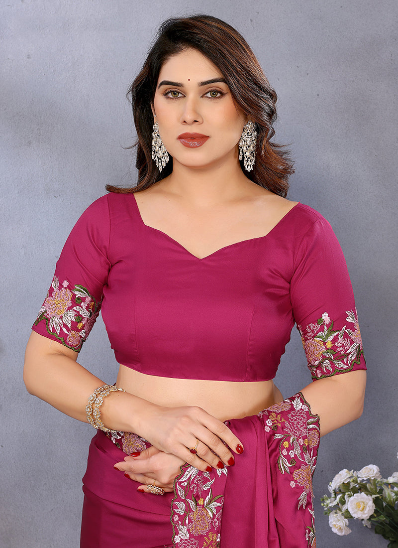 Vellora Magenta Pink Satin Festival Wear Embroidery Work Saree