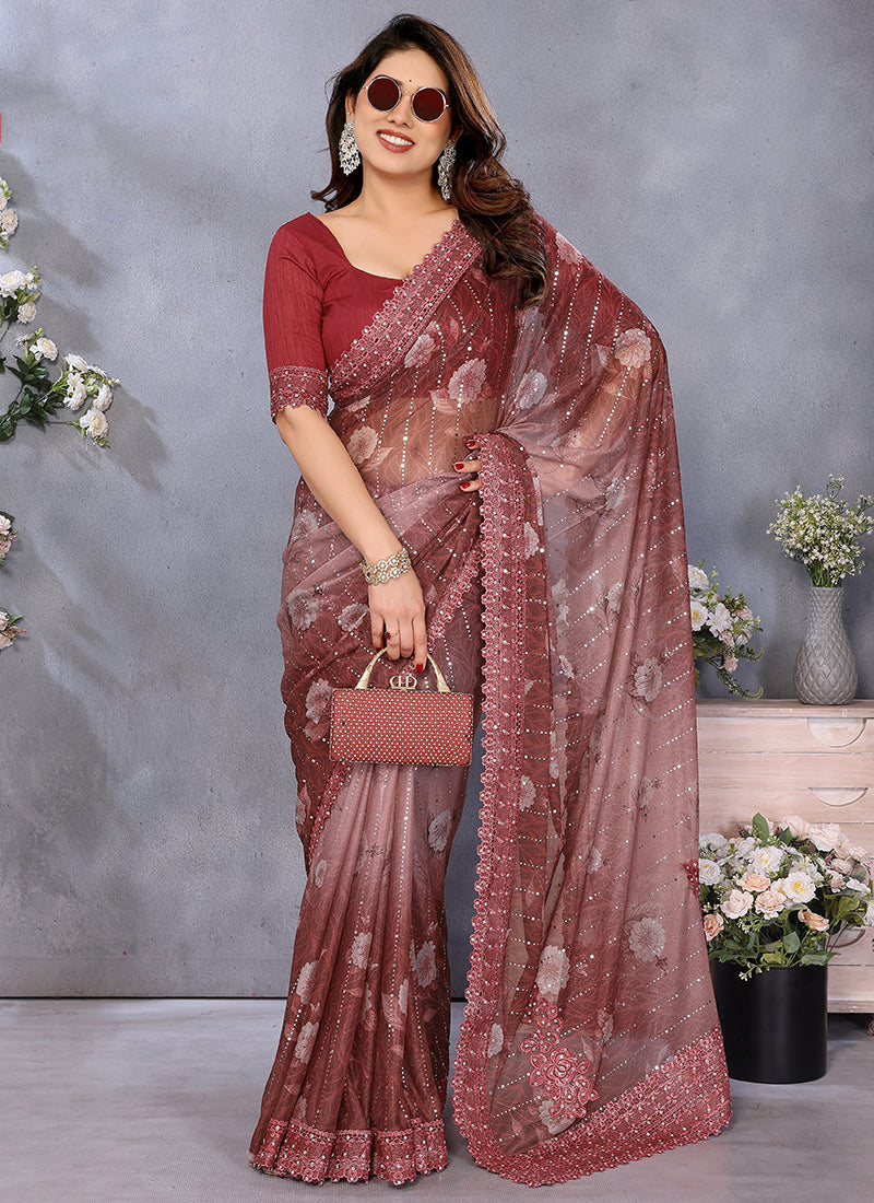 Vellora Brown Tikli Lace Embroidery Work Designer Saree