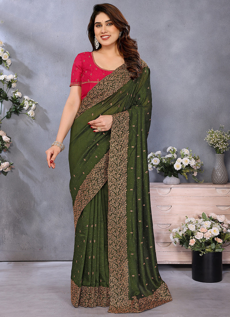 Vellora Zari Embroidery Work Vichitra Dark Green Festival Wear Saree