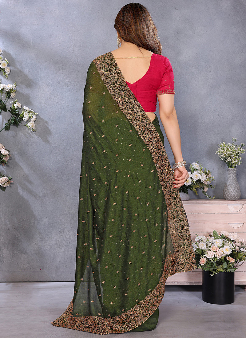 Vellora Zari Embroidery Work Vichitra Dark Green Festival Wear Saree