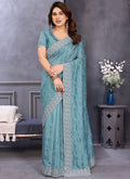Vellora Sky Blue Vichitra Designer Embroidery Work Saree