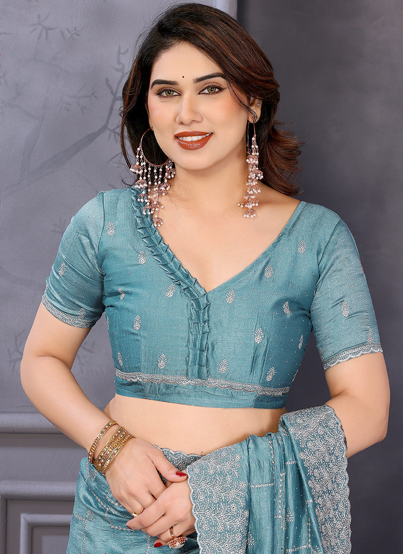 Vellora Sky Blue Vichitra Designer Embroidery Work Saree