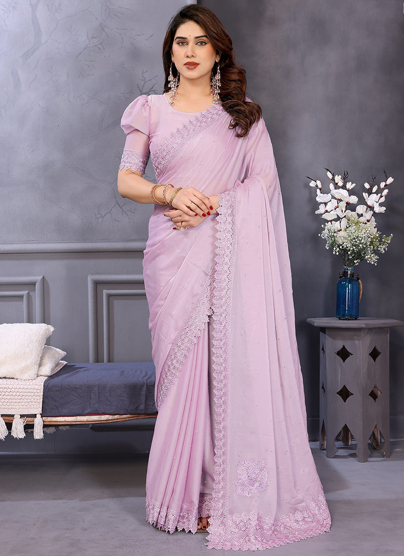 Vellora Border Work Rangoli Baby Pink Festival Wear Saree