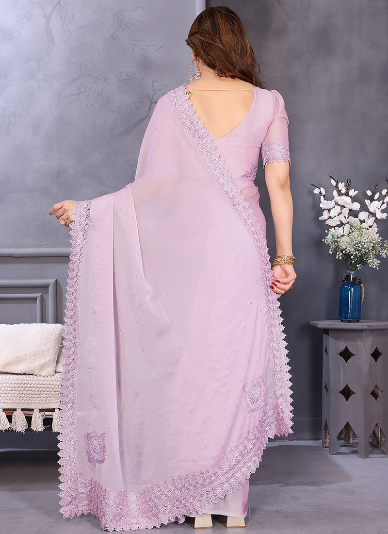 Vellora Border Work Rangoli Baby Pink Festival Wear Saree